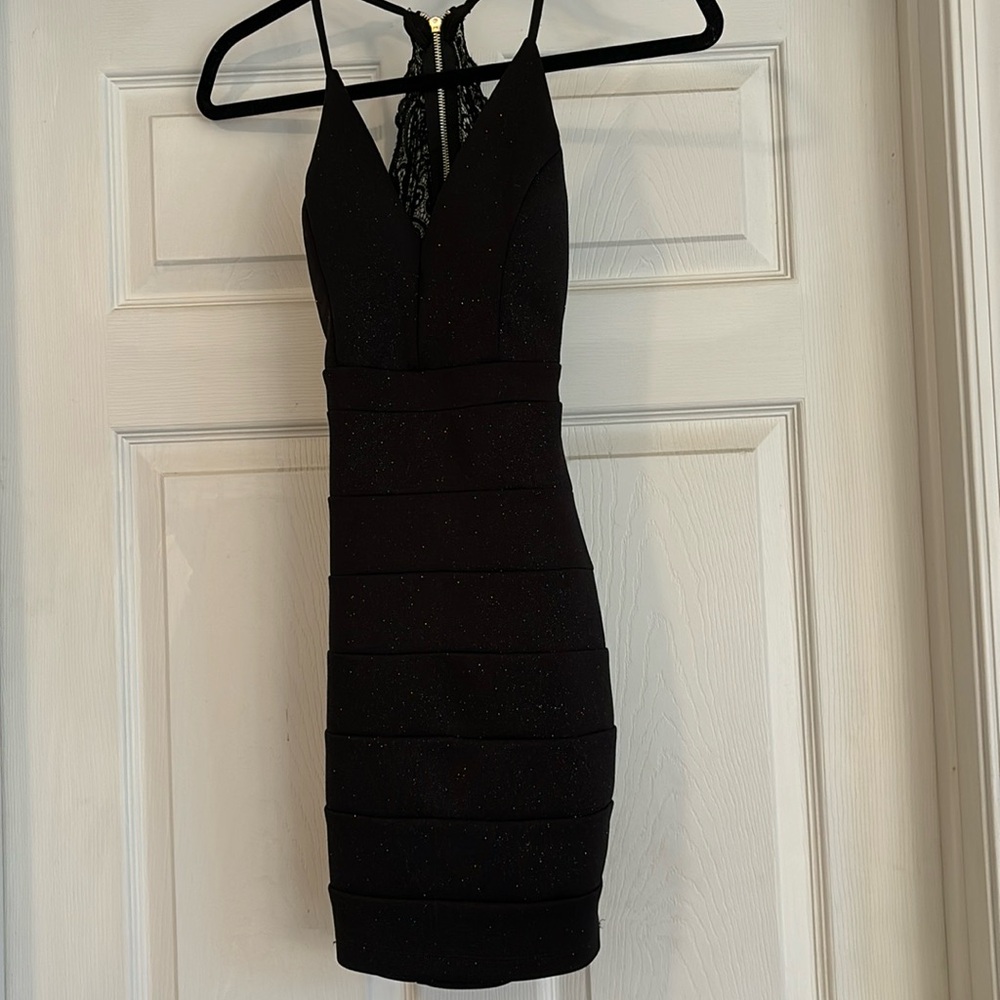 XS black shimmer dress with lace cutout back worn once by Emerald Sundae.